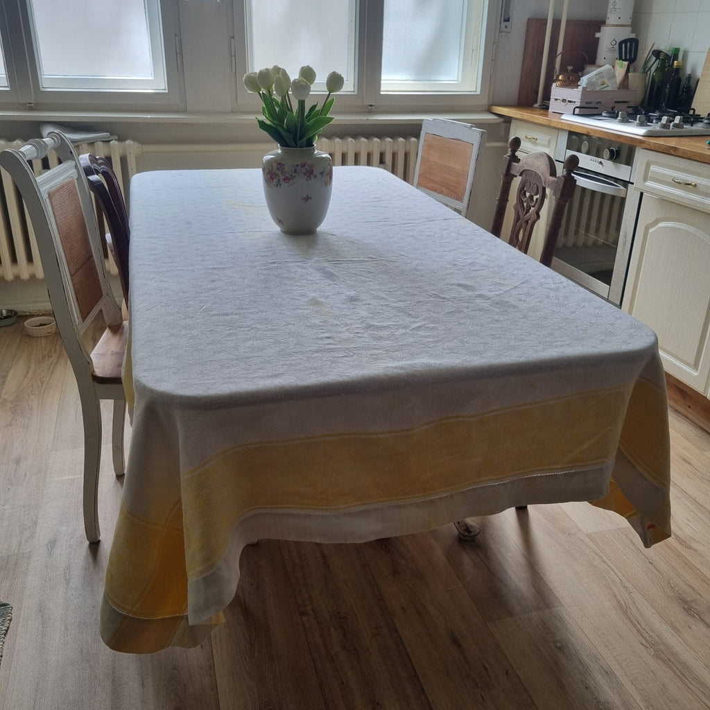 Antike Jugendstil Tischdecke weiß gelb mit Monogramm 150x215cm Landhaus 🤍