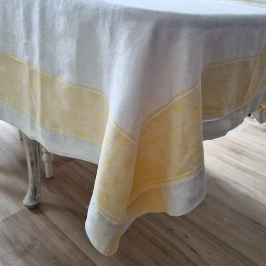 Antike Jugendstil Tischdecke weiß gelb mit Monogramm 150x215cm Landhaus 🤍