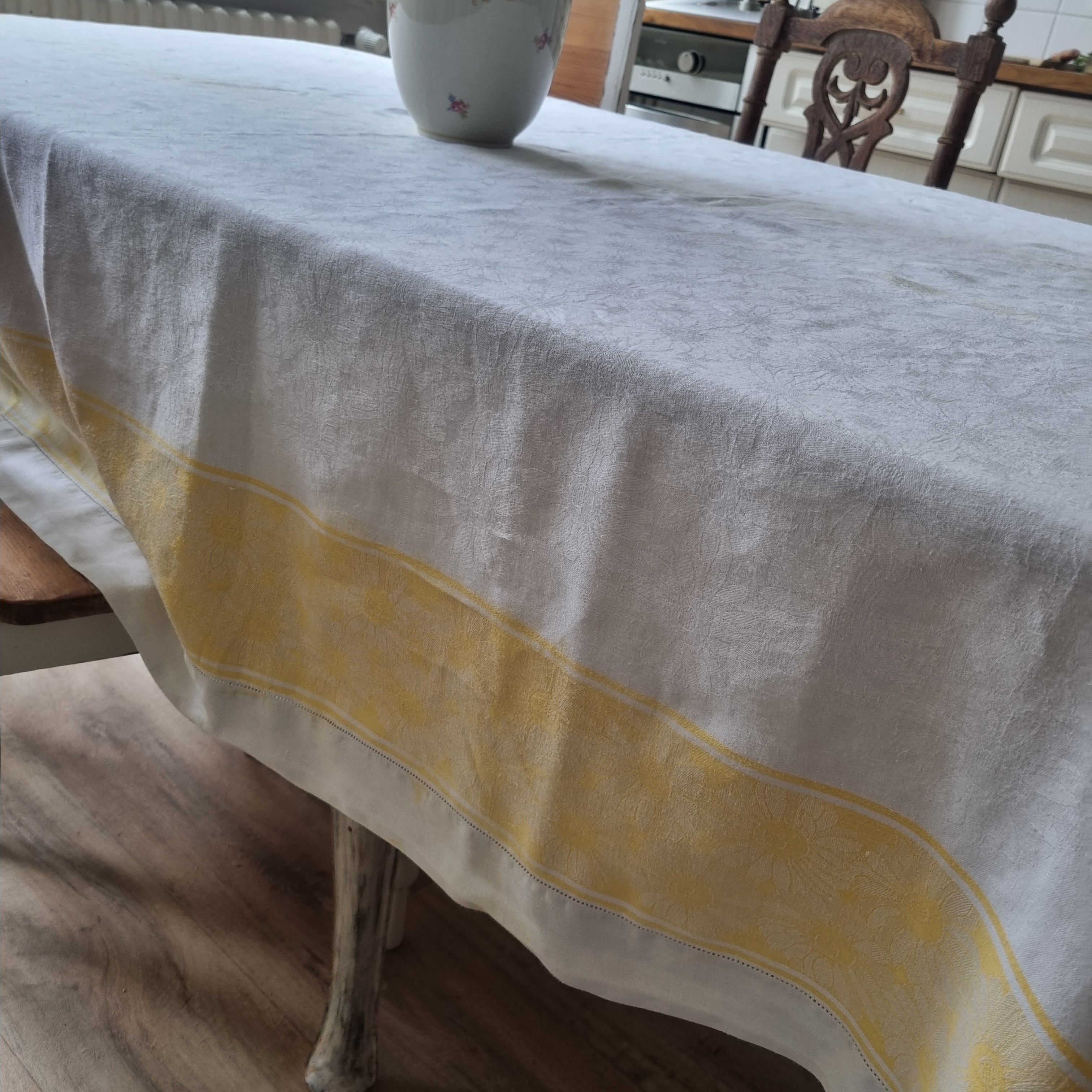 Antike Jugendstil Tischdecke weiß gelb mit Monogramm 150x215cm Landhaus 🤍