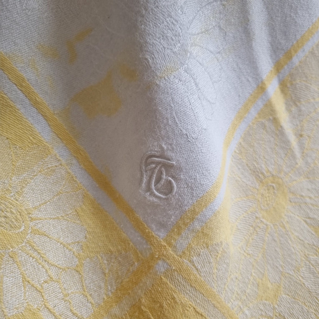 Antike Jugendstil Tischdecke weiß gelb mit Monogramm 150x215cm Landhaus 🤍