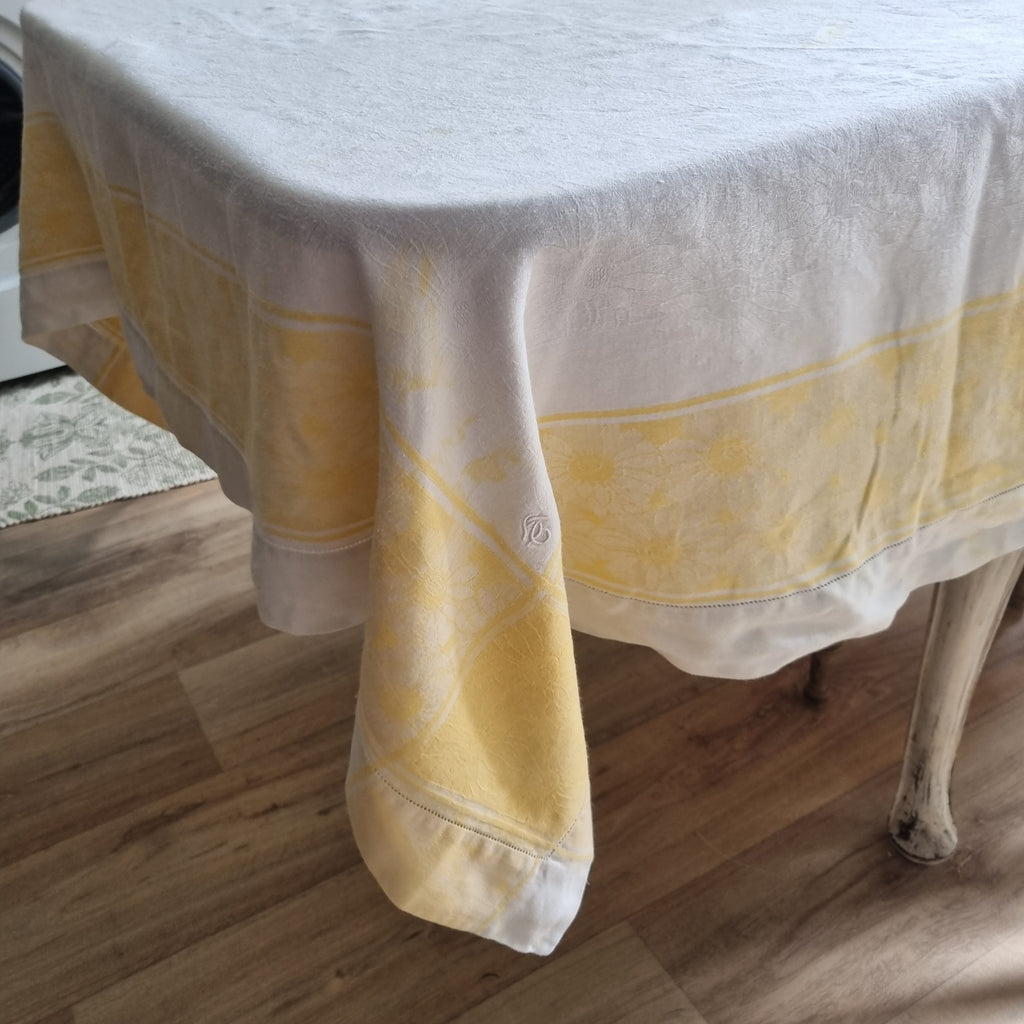 Antike Jugendstil Tischdecke weiß gelb mit Monogramm 150x215cm Landhaus 🤍