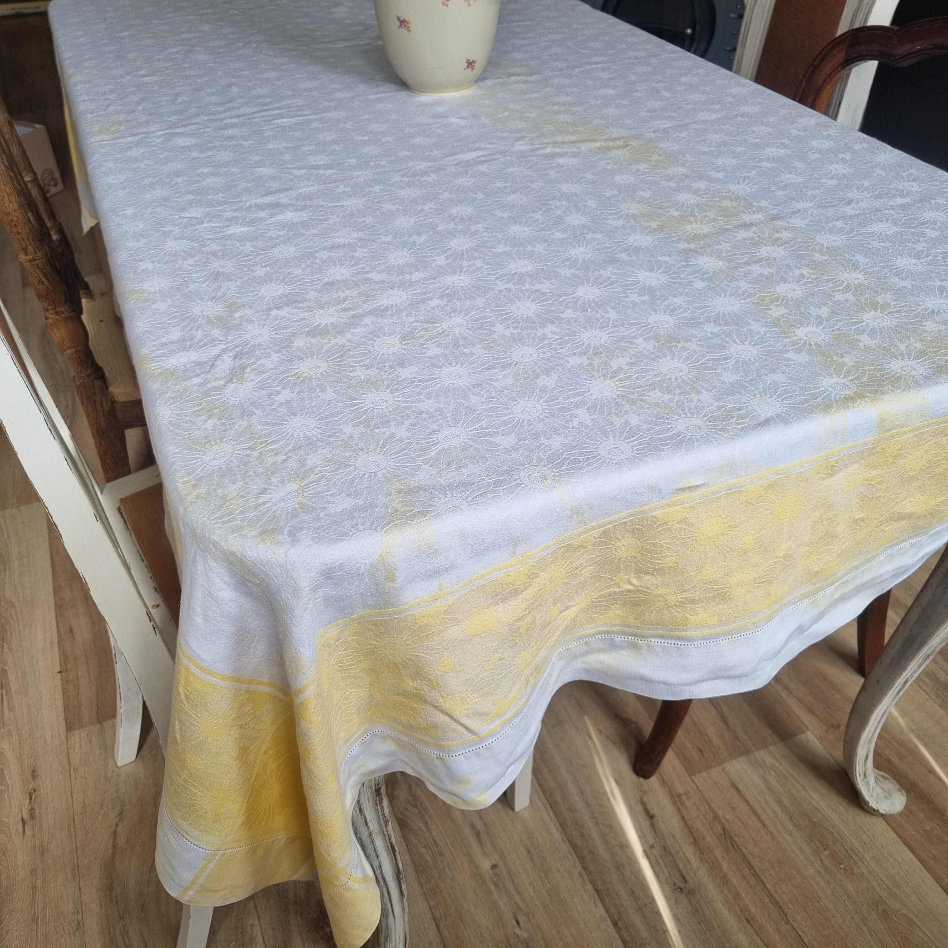 Antike Jugendstil Tischdecke weiß gelb mit Monogramm 150x215cm Landhaus 🤍