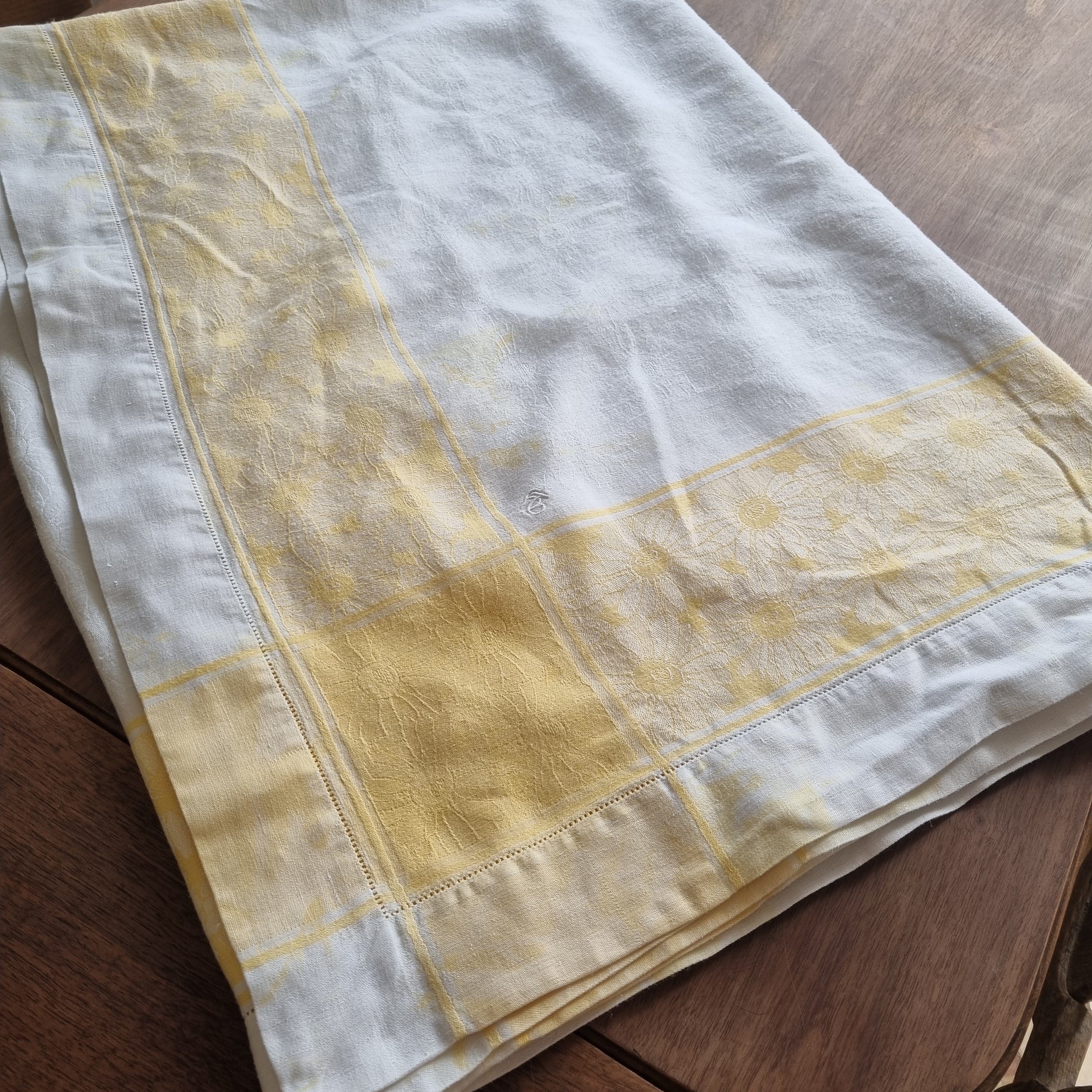 Antike Jugendstil Tischdecke weiß gelb mit Monogramm 150x215cm Landhaus 🤍