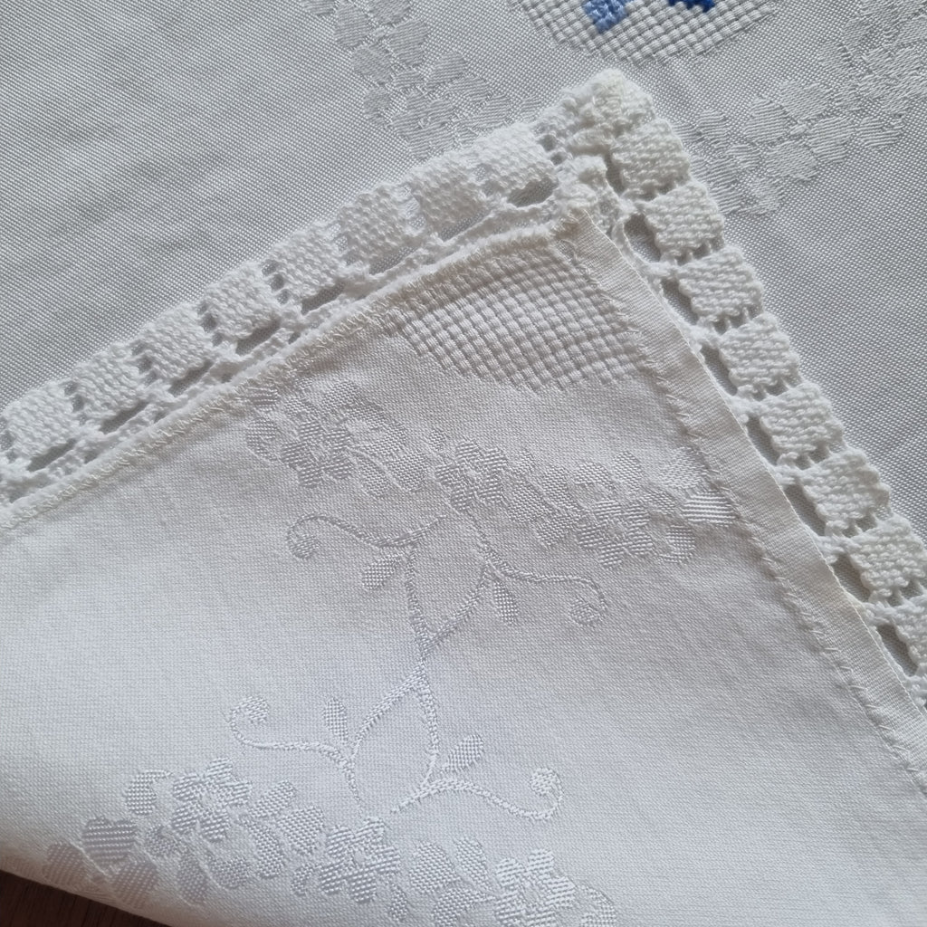Alte Vintage bestickte Tischdecke weiß blau 70x70cm Art Jugendstil 🤍