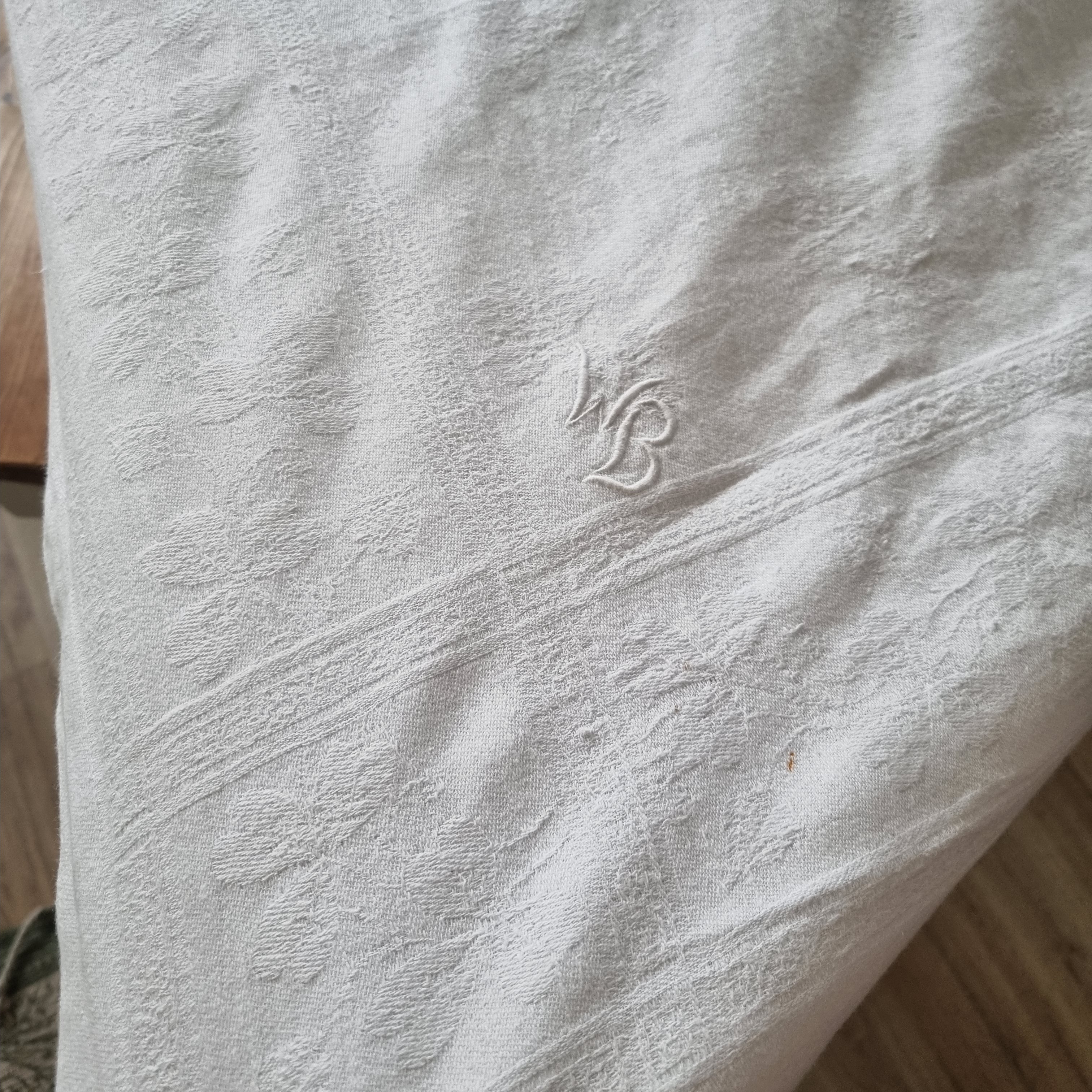 Antike Jugendstil Baumwolle/Leinen Tischdecke 105x190cm Monogramm W.B. cremeweiß 🤍
