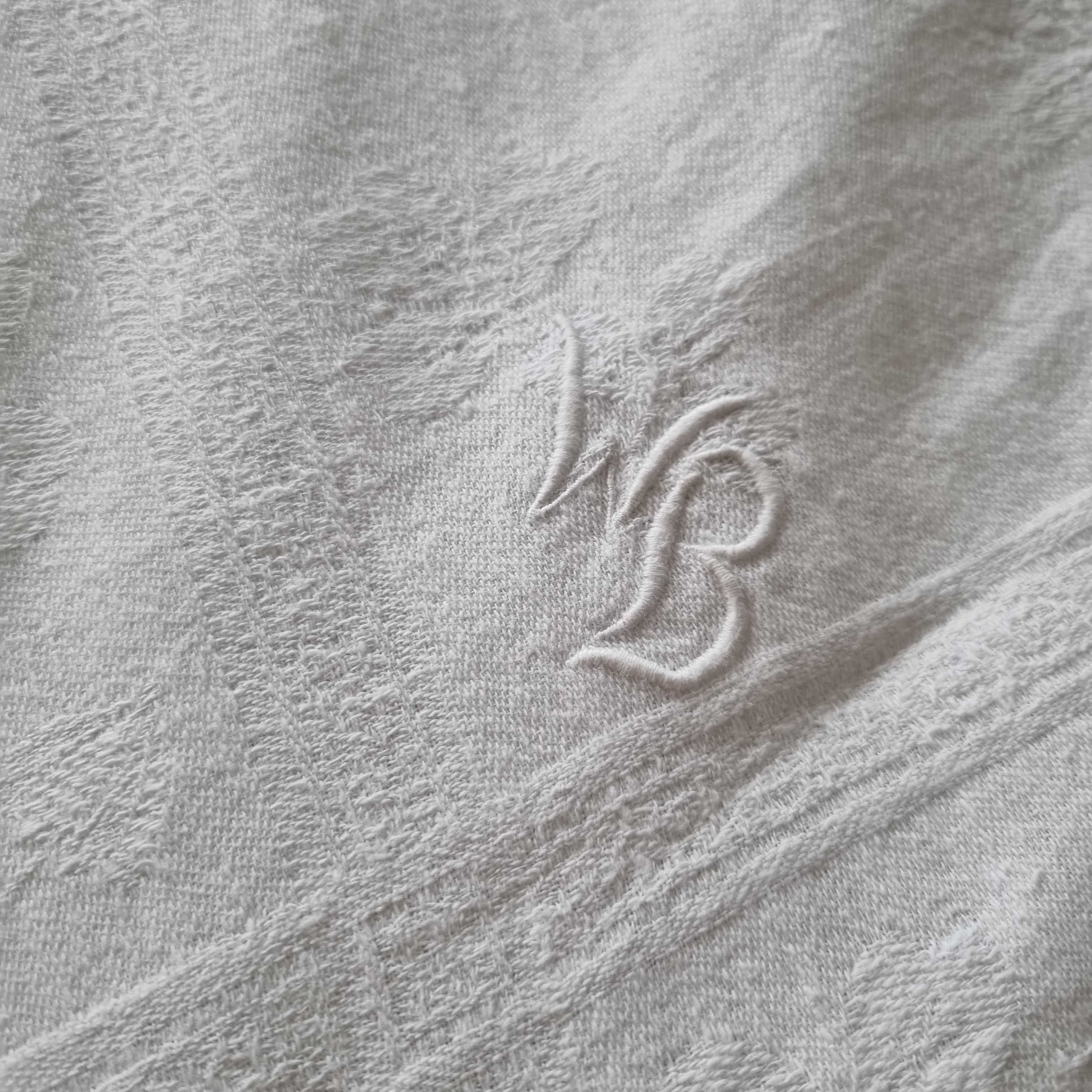 Antike Jugendstil Baumwolle/Leinen Tischdecke 105x190cm Monogramm W.B. cremeweiß 🤍
