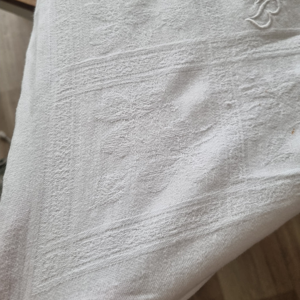 Antike Jugendstil Baumwolle/Leinen Tischdecke 105x190cm Monogramm W.B. cremeweiß 🤍