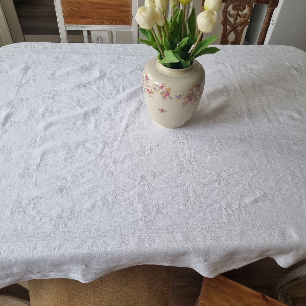 Antike Jugendstil Baumwolle/Leinen Tischdecke 105x190cm Monogramm W.B. cremeweiß 🤍