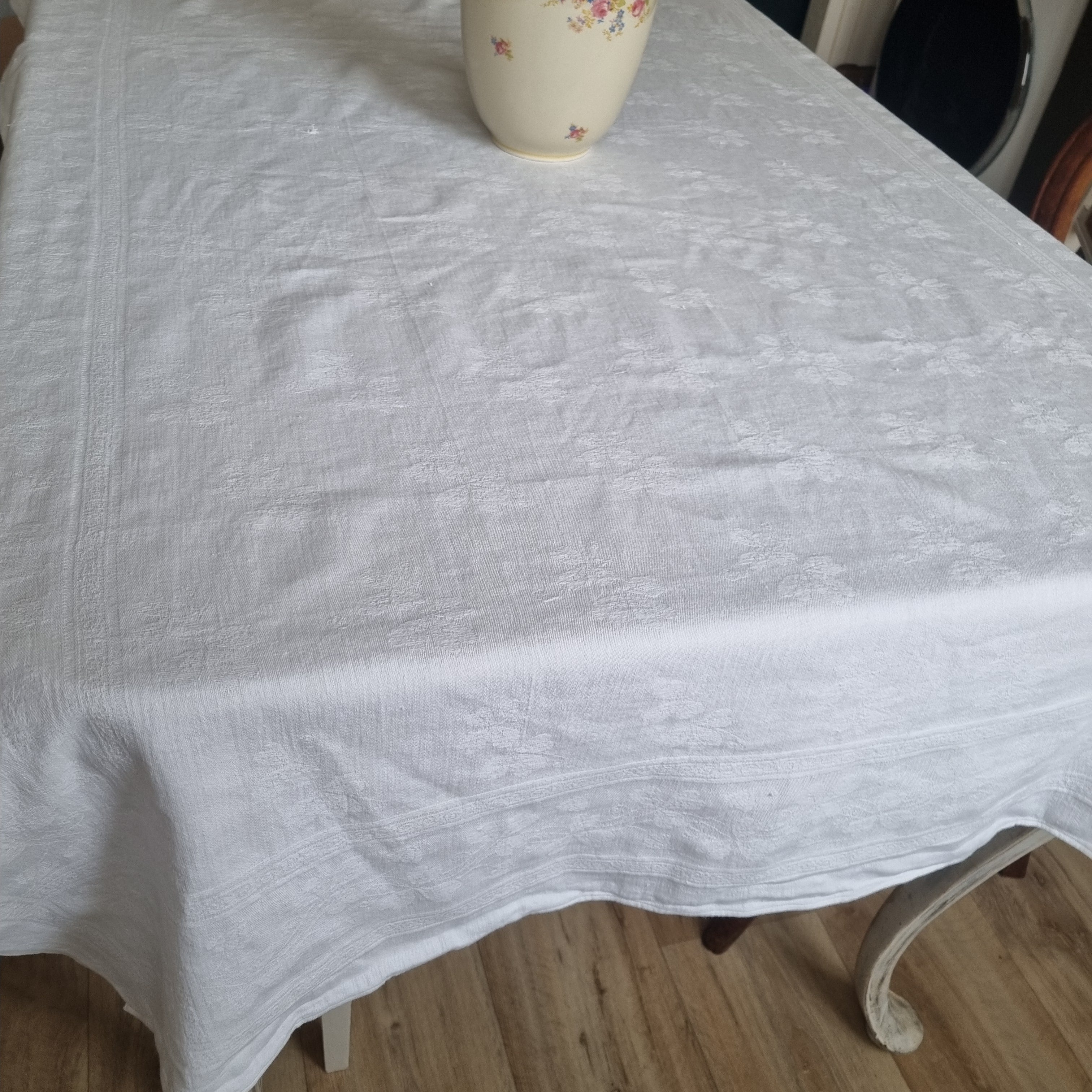 Antike Jugendstil Baumwolle/Leinen Tischdecke 105x190cm Monogramm W.B. cremeweiß 🤍