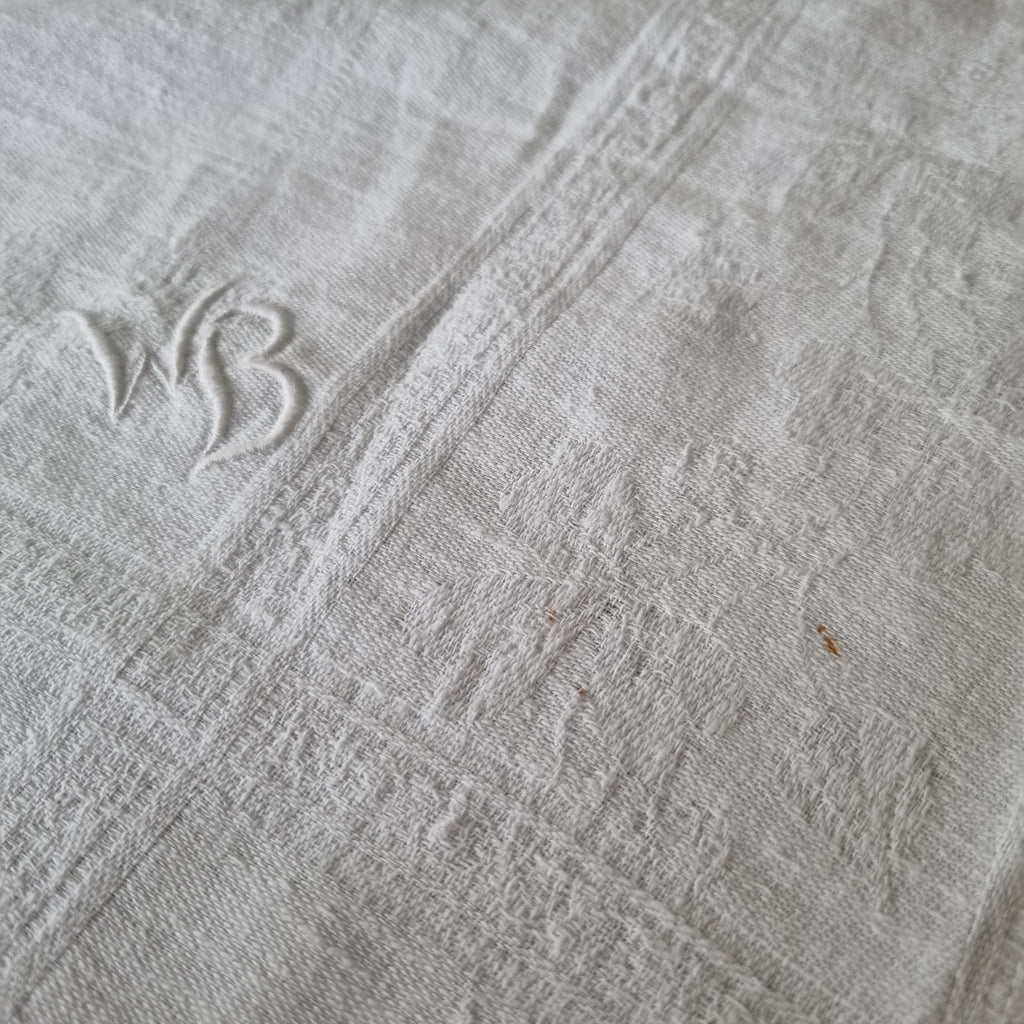 Antike Jugendstil Baumwolle/Leinen Tischdecke 105x190cm Monogramm W.B. cremeweiß 🤍