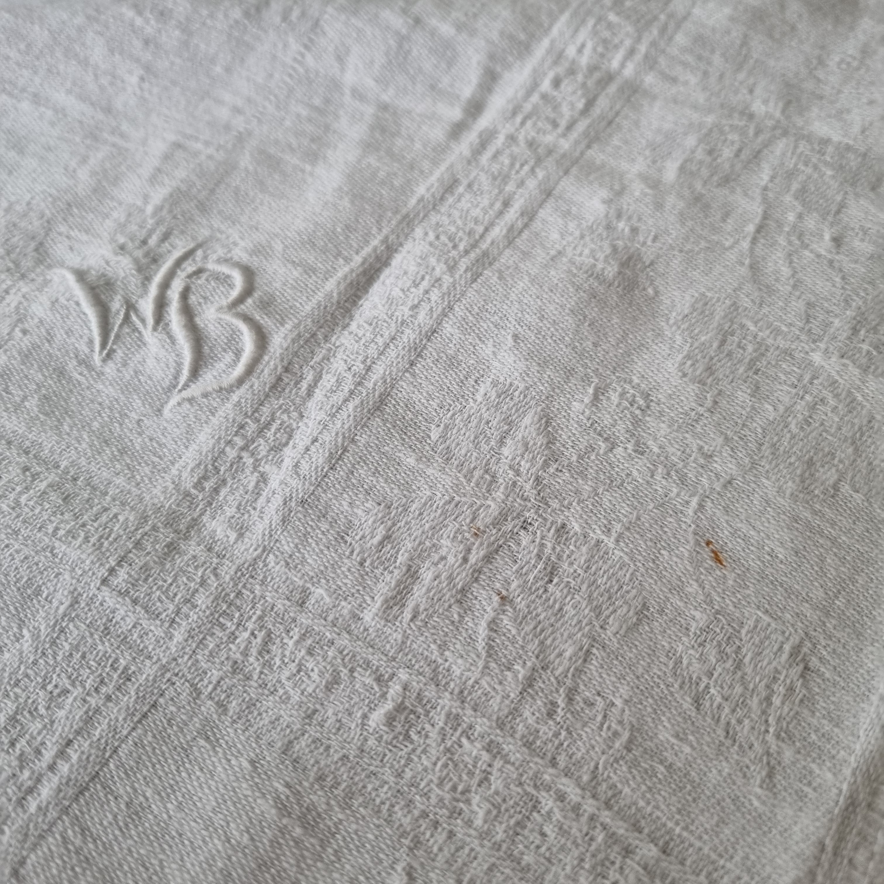 Antike Jugendstil Baumwolle/Leinen Tischdecke 105x190cm Monogramm W.B. cremeweiß 🤍