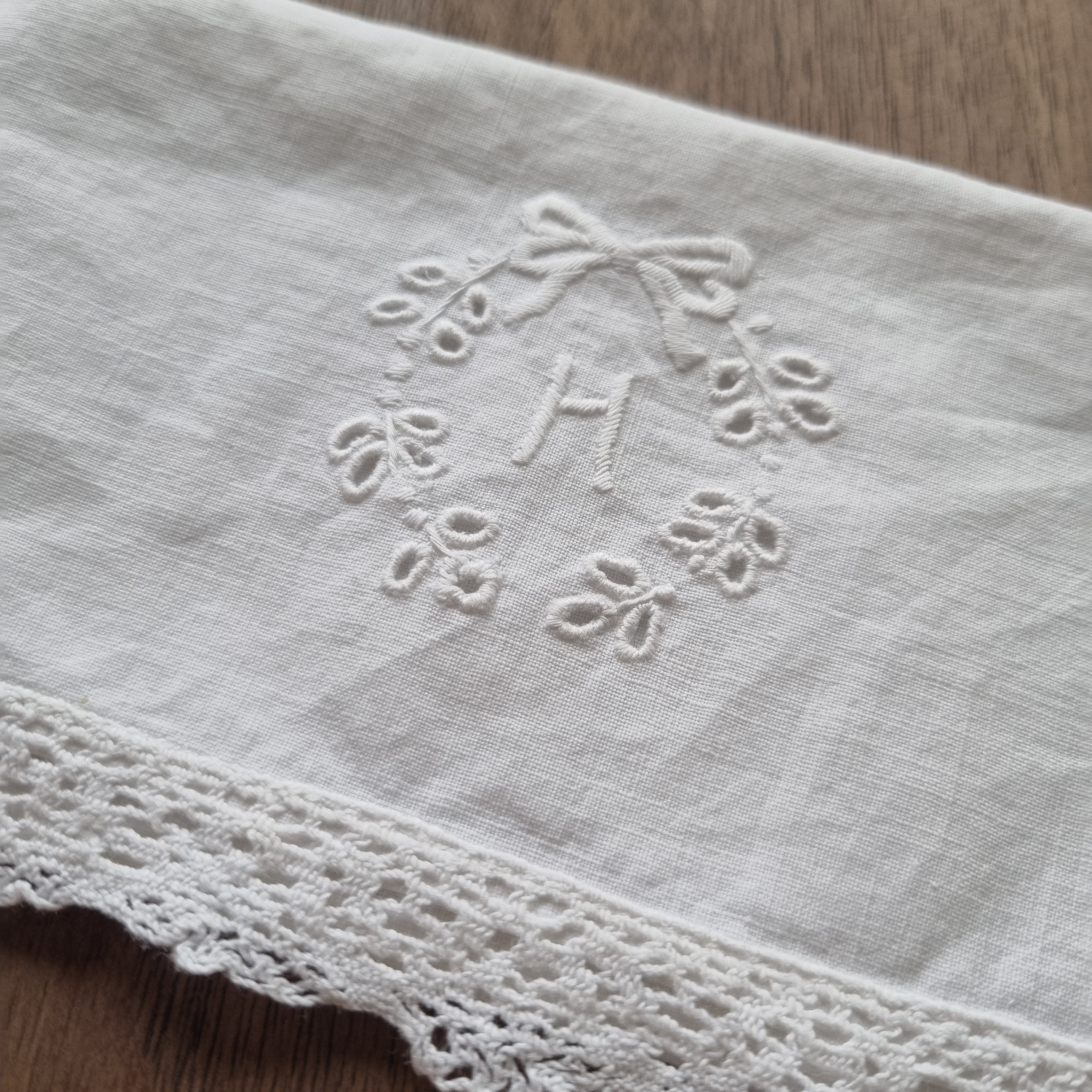Antikes handgemachtes Stofftäschchen Monogramm H. 26x9cm Spitze gehäkelt Tasche Baumwolle 🤍
