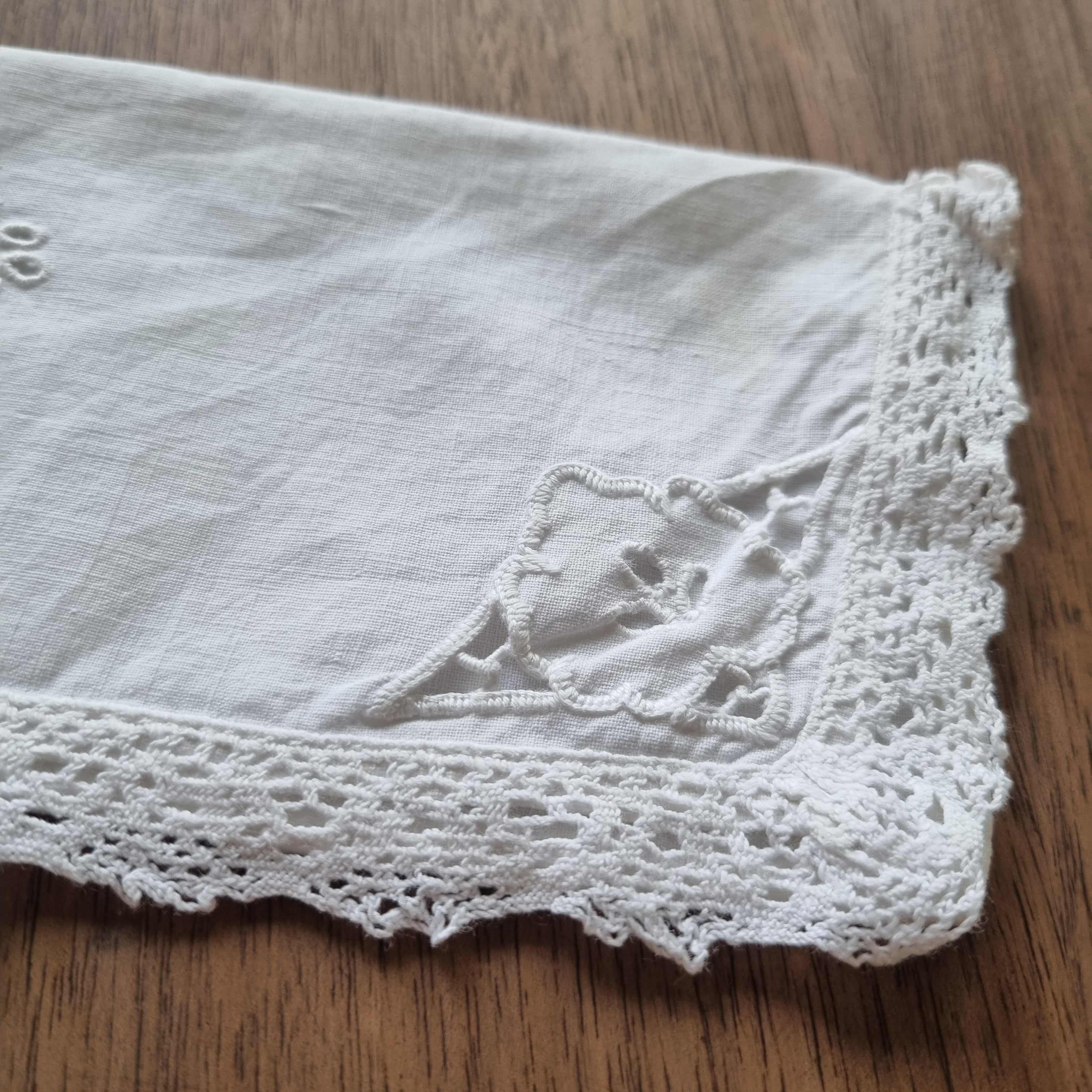 Antikes handgemachtes Stofftäschchen Monogramm H. 26x9cm Spitze gehäkelt Tasche Baumwolle 🤍