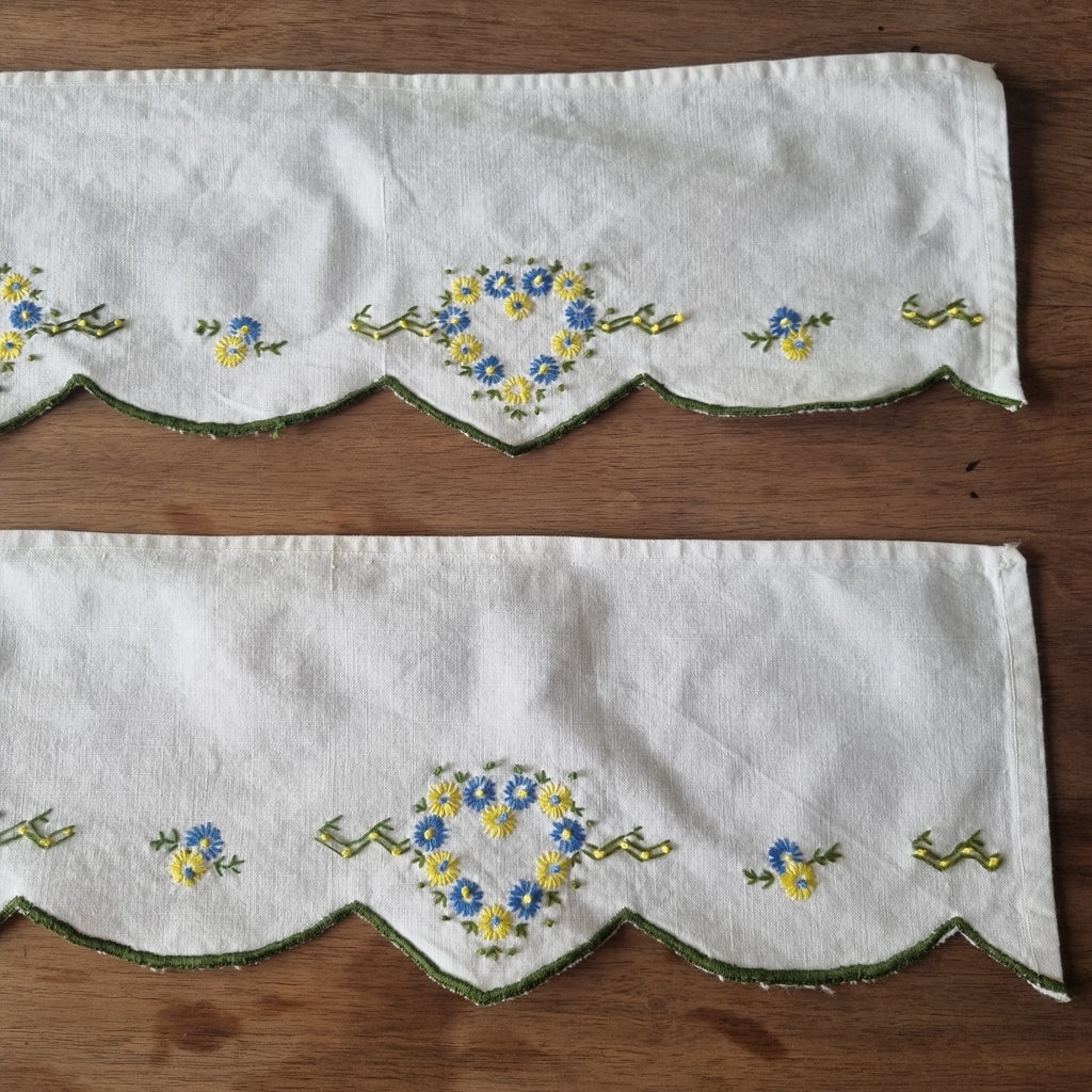 Antike handbestickte Spitze Küchenregal Baumwolle Blumen Herz Landhaus Vintage 105x14cm 🤍