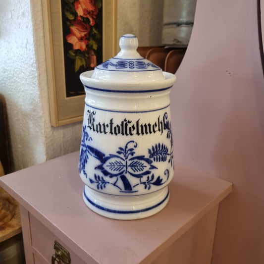 Antike Porzellan Vorratsdose Kartoffelmehl Zwiebelmuster um 1900 blau weiß