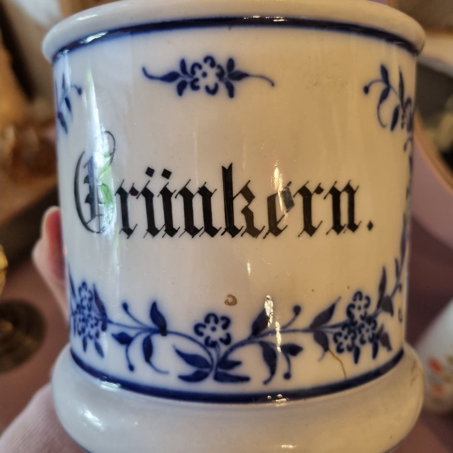 Antiker Grünkerntopf Porzellan Blumenmuster blau weiß oder Pflanzentopf