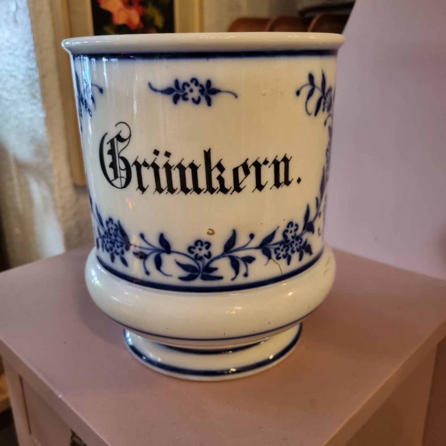 Antiker Grünkerntopf Porzellan Blumenmuster blau weiß oder Pflanzentopf