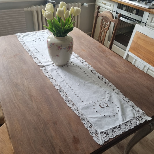 Antiker handgemachter Tischläufer Mitteldecke Tischdecke Spitze 120x30cm weiß