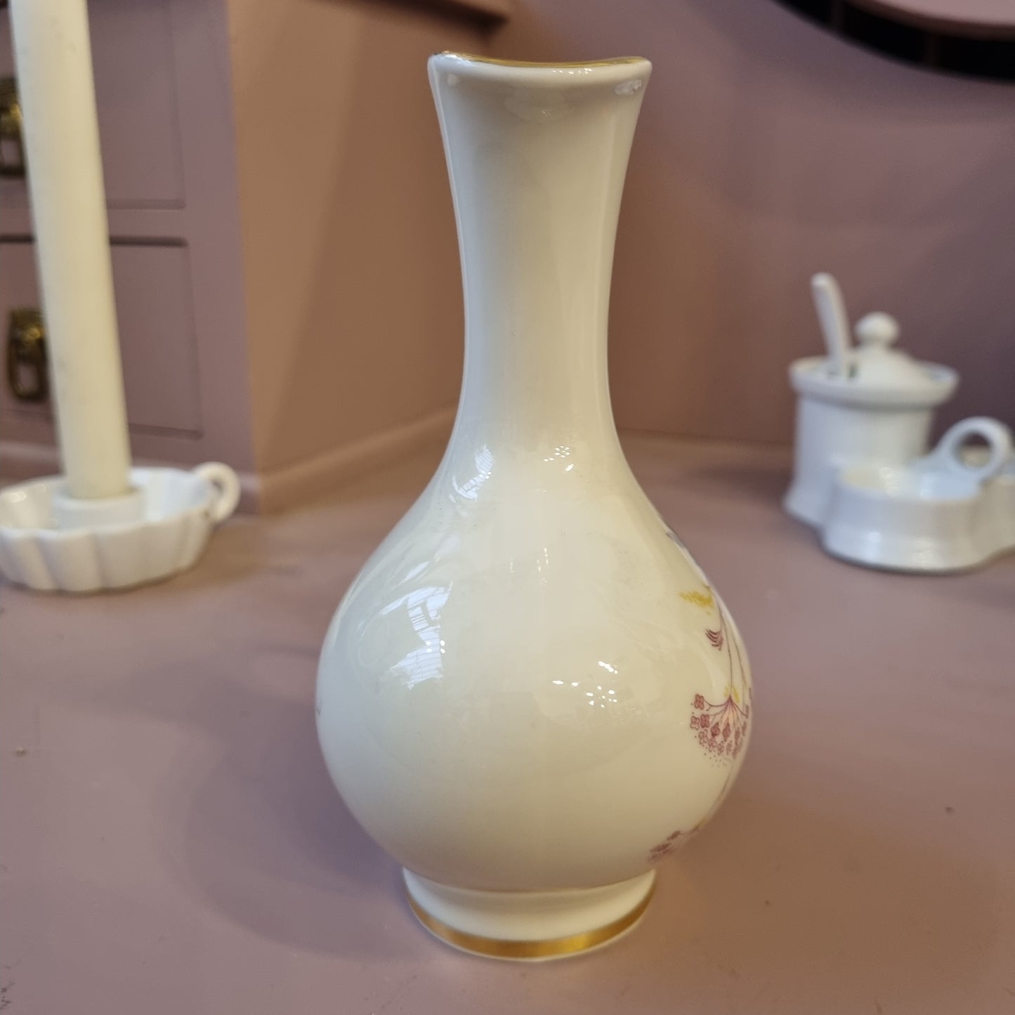 Antike Alka Kunst Bavaria Vase Porzellan 50er Jahre Elfenbeinfarbe mit Blumenmalerei