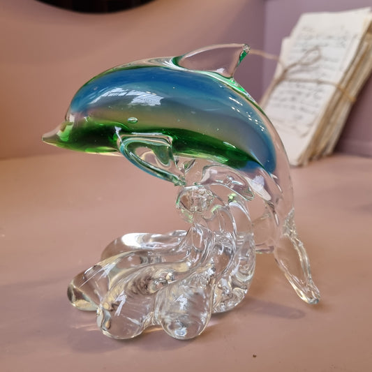 Vintage Glas Delfin Briefbeschwerer Figur