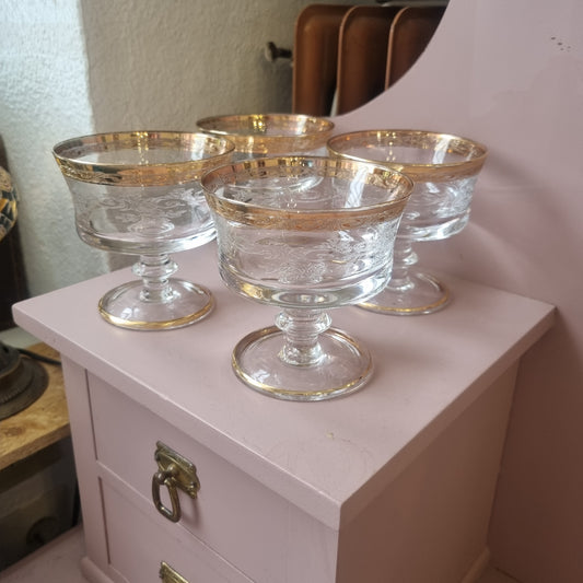 4x Antike Champagner Sektgläser Wein Gläser Mid-Century Cocktail Bar Goldrand