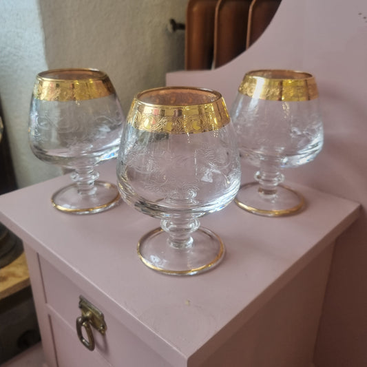 3x Antike Champagner Sektgläser Wein Gläser Mid-Century Cocktail Bar Goldrand