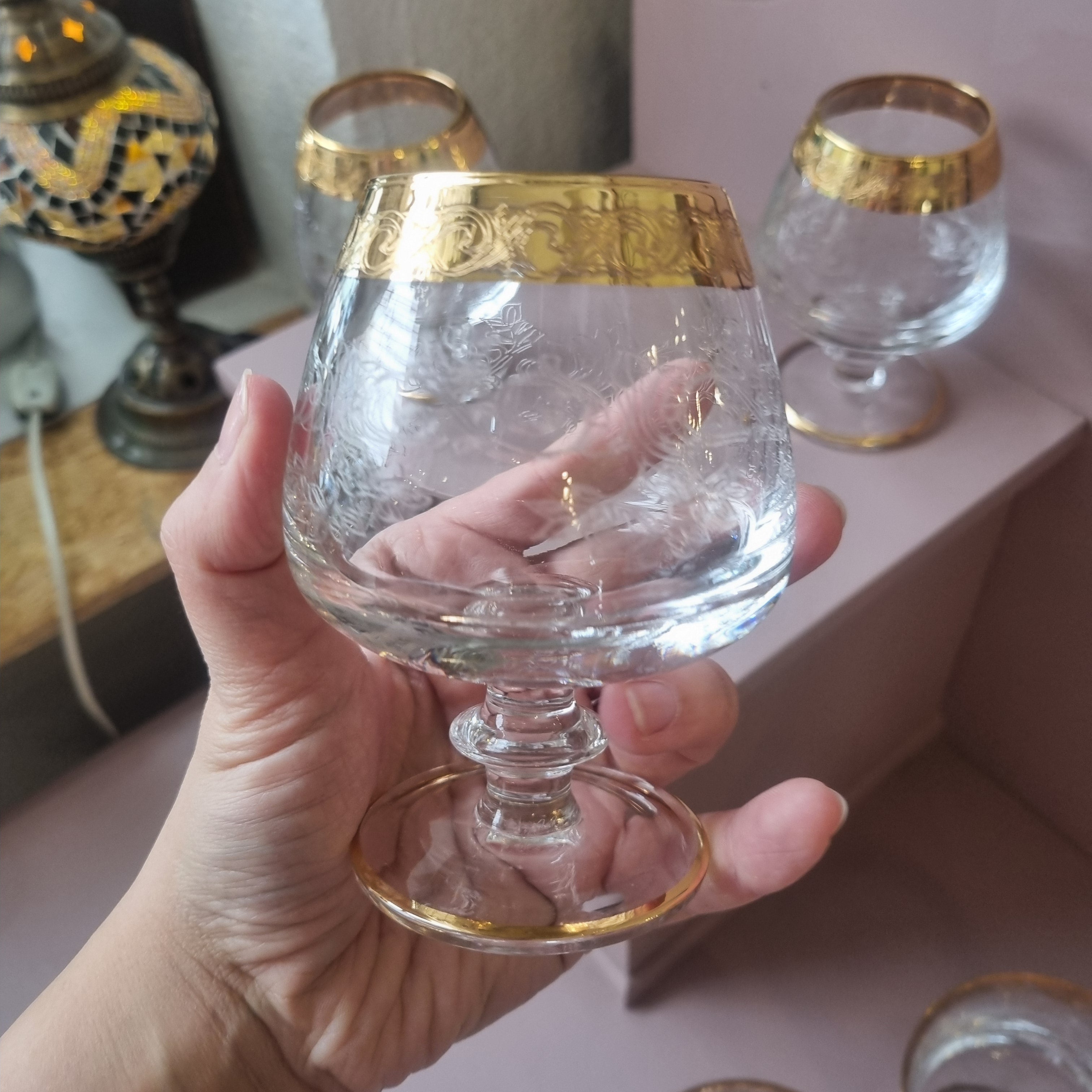 3x Antike Champagner Sektgläser Wein Gläser Mid-Century Cocktail Bar Goldrand