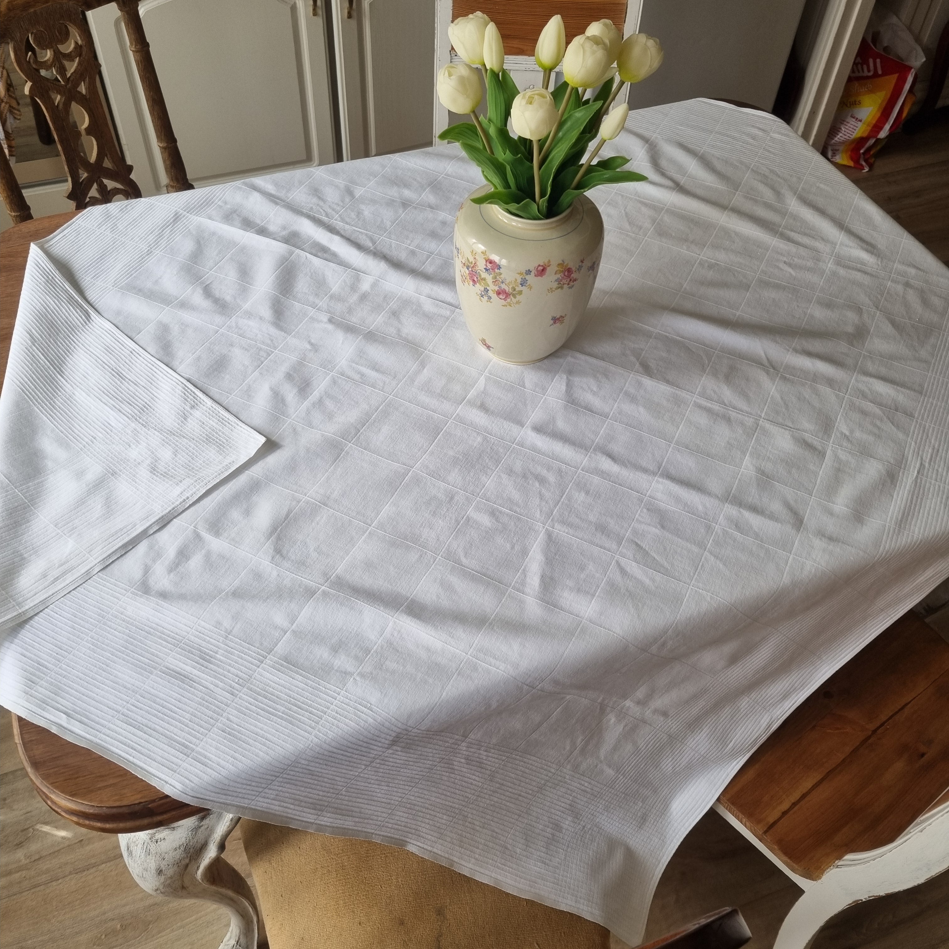 Vintage Einfache weiße Baumwolle Tischdecke 120x130cm Knotenmuster 🤍