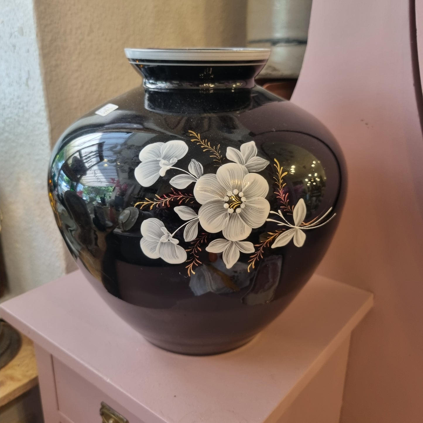 Große schwarze Vintage Glas Vase mit floralem Muster-Einzigartig!