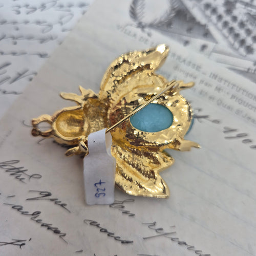 50er Jahre Vintage Brosche großer Käfer Biene Türkis Gold Strass 5cm
