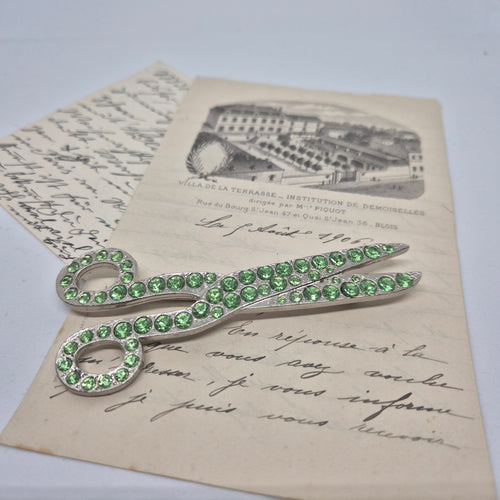50er Jahre große Antik Brosche Werkzeug Modeschmuck Silber Grün Strasssteine Schere Handwerker