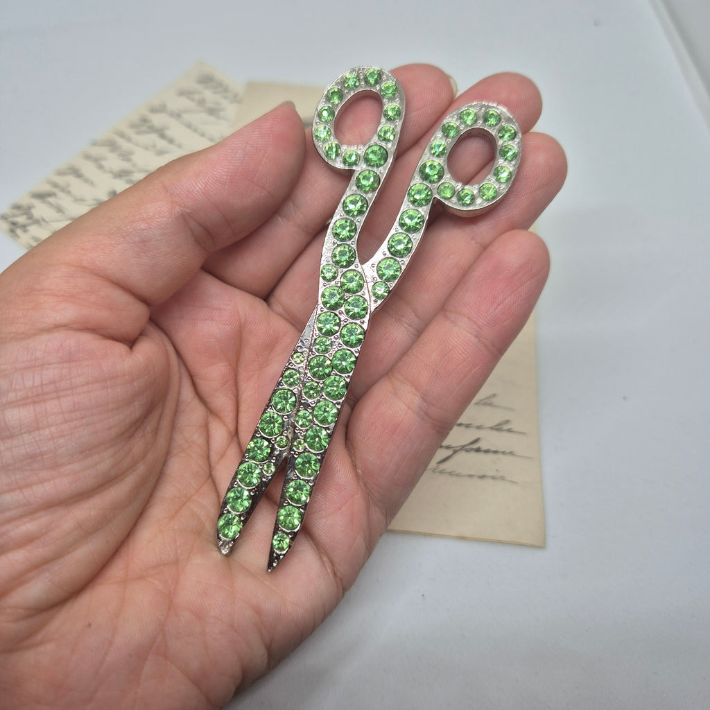 50er Jahre große Antik Brosche Werkzeug Modeschmuck Silber Grün Strasssteine Schere Handwerker