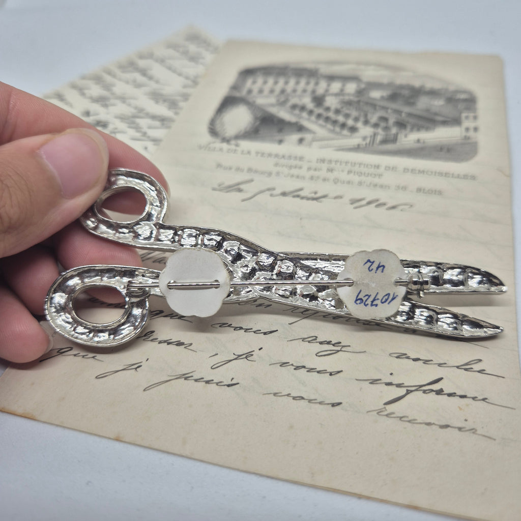 50er Jahre große Antik Brosche Werkzeug Modeschmuck Silber Strasssteine Schere Handwerker
