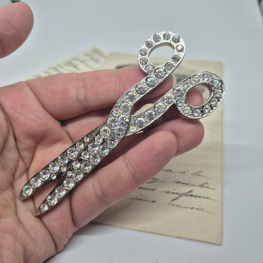 50er Jahre große Antik Brosche Werkzeug Modeschmuck Silber Strasssteine Schere Handwerker