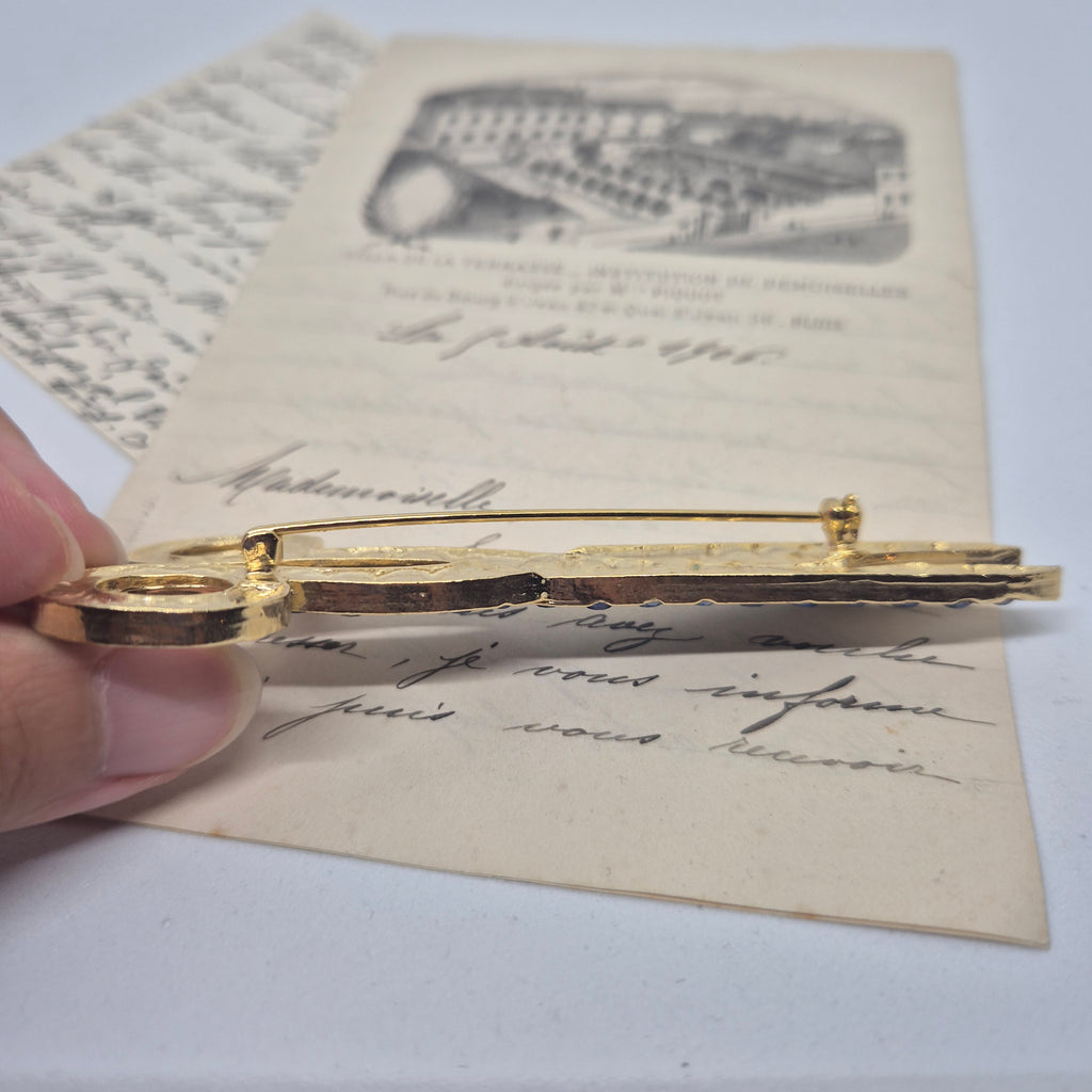 50er Jahre große Antik Brosche Werkzeug Modeschmuck Gold Blau Strasssteine Schere Handwerker