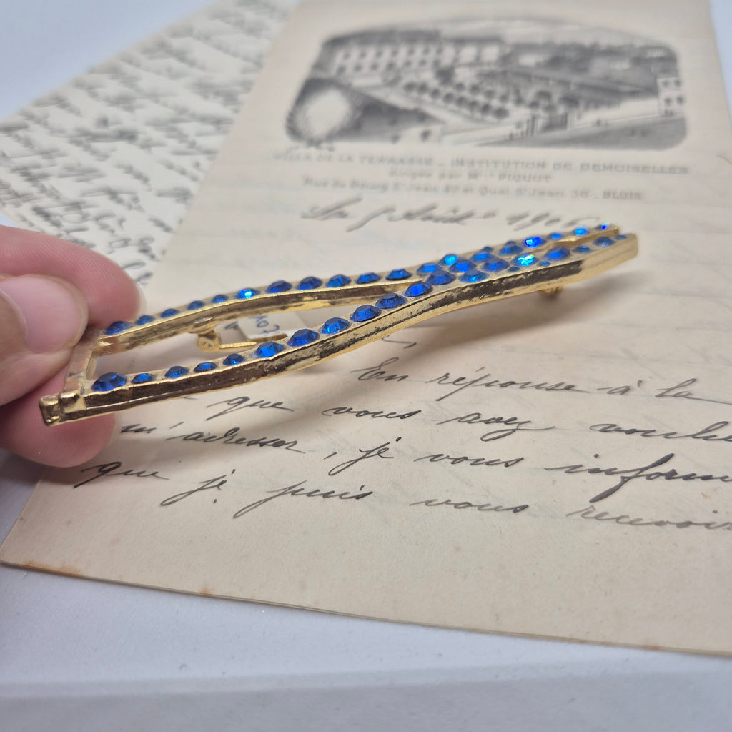 50er Jahre große Antik Brosche Werkzeug Modeschmuck Gold blau Strasssteine Zange Handwerker