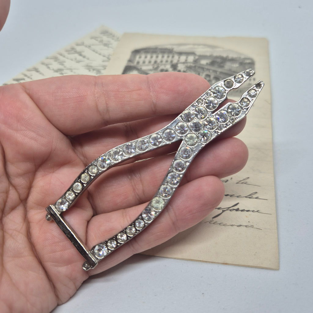 50er Jahre große Antik Brosche Werkzeug Modeschmuck silber Strasssteine Zange Handwerker