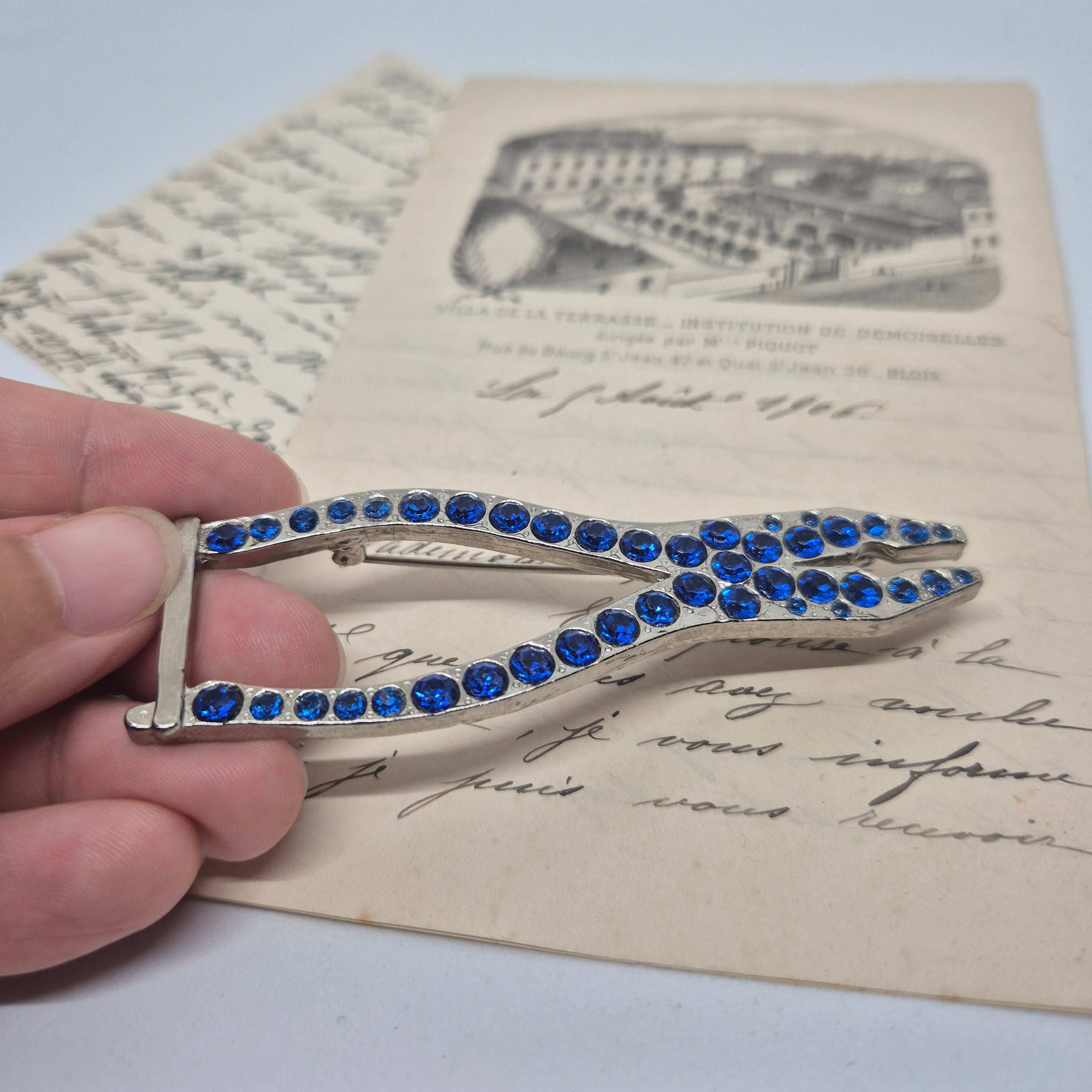 50er Jahre große Antik Brosche Werkzeug Modeschmuck silber blau Strasssteine Zange Handwerker