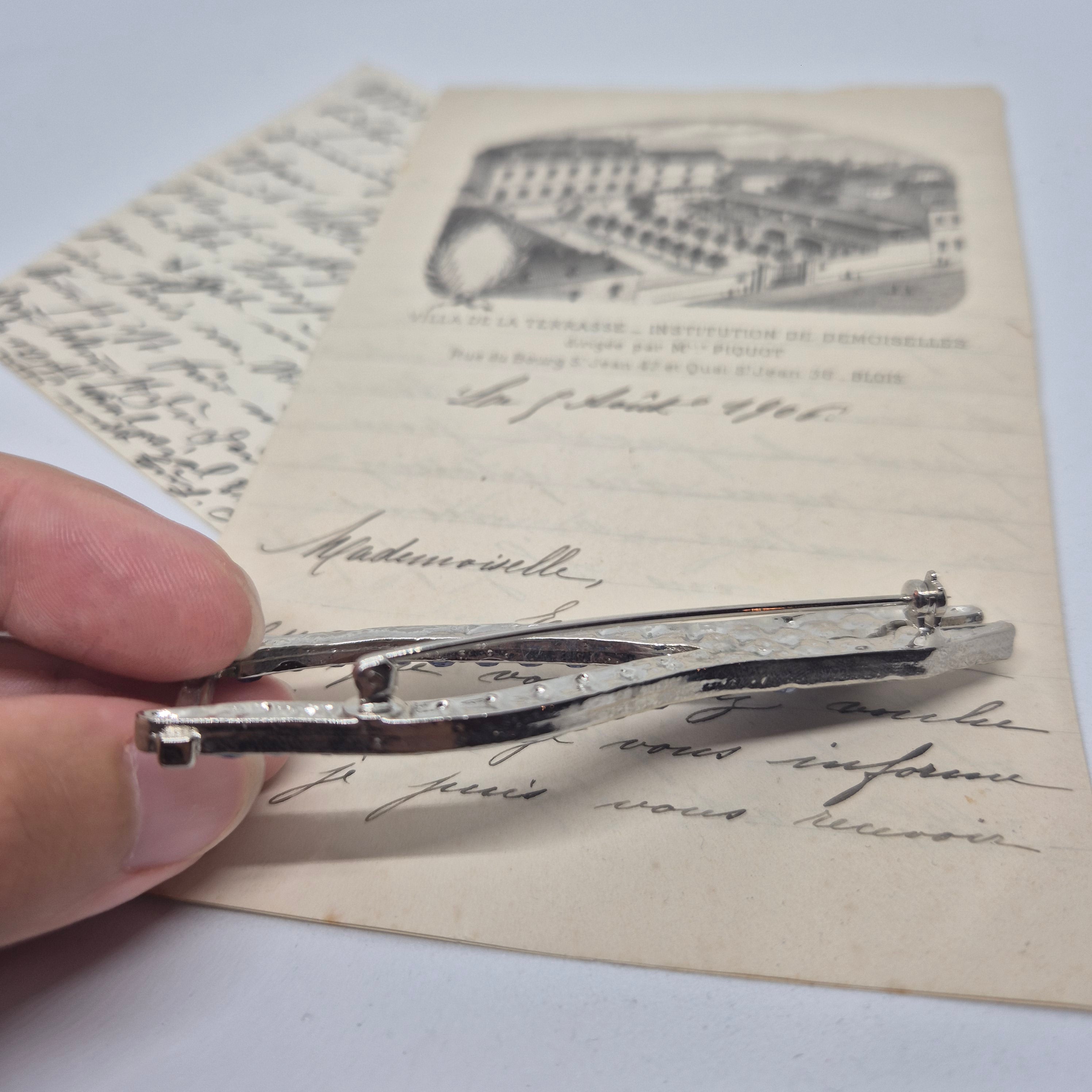 50er Jahre große Antik Brosche Werkzeug Modeschmuck silber blau Strasssteine Zange Handwerker