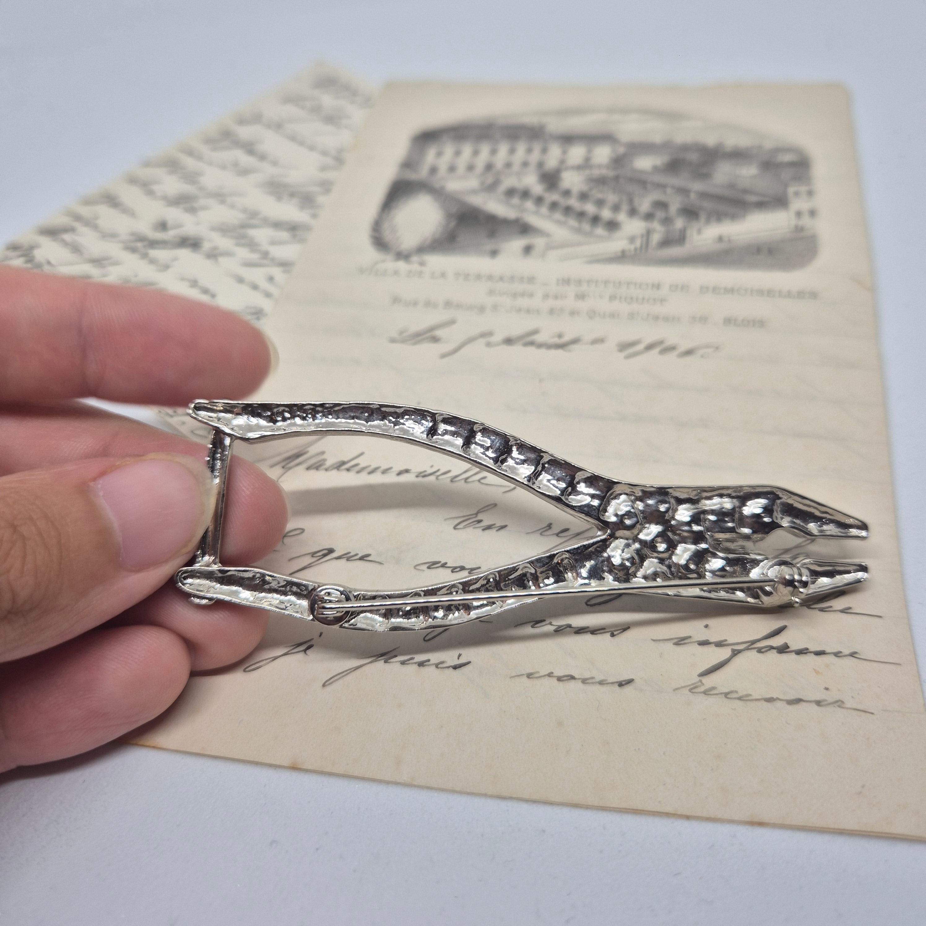 50er Jahre große Antik Brosche Werkzeug Modeschmuck silber blau Strasssteine Zange Handwerker