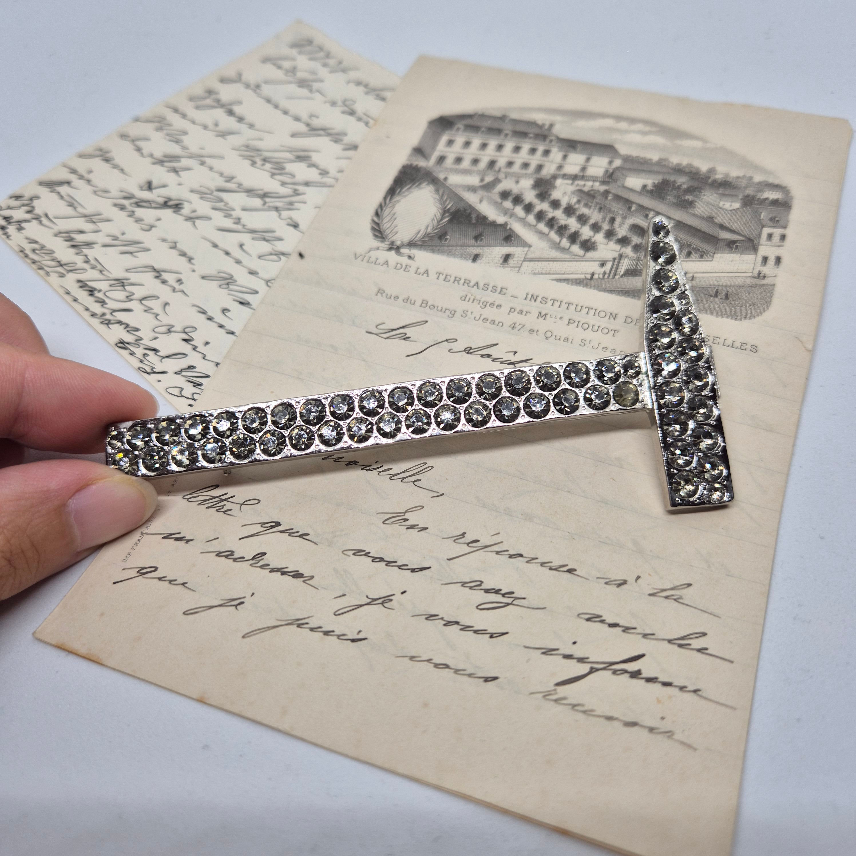 50er Jahre große Antik Brosche Werkzeug Modeschmuck silber Strasssteine Hammer Handwerker