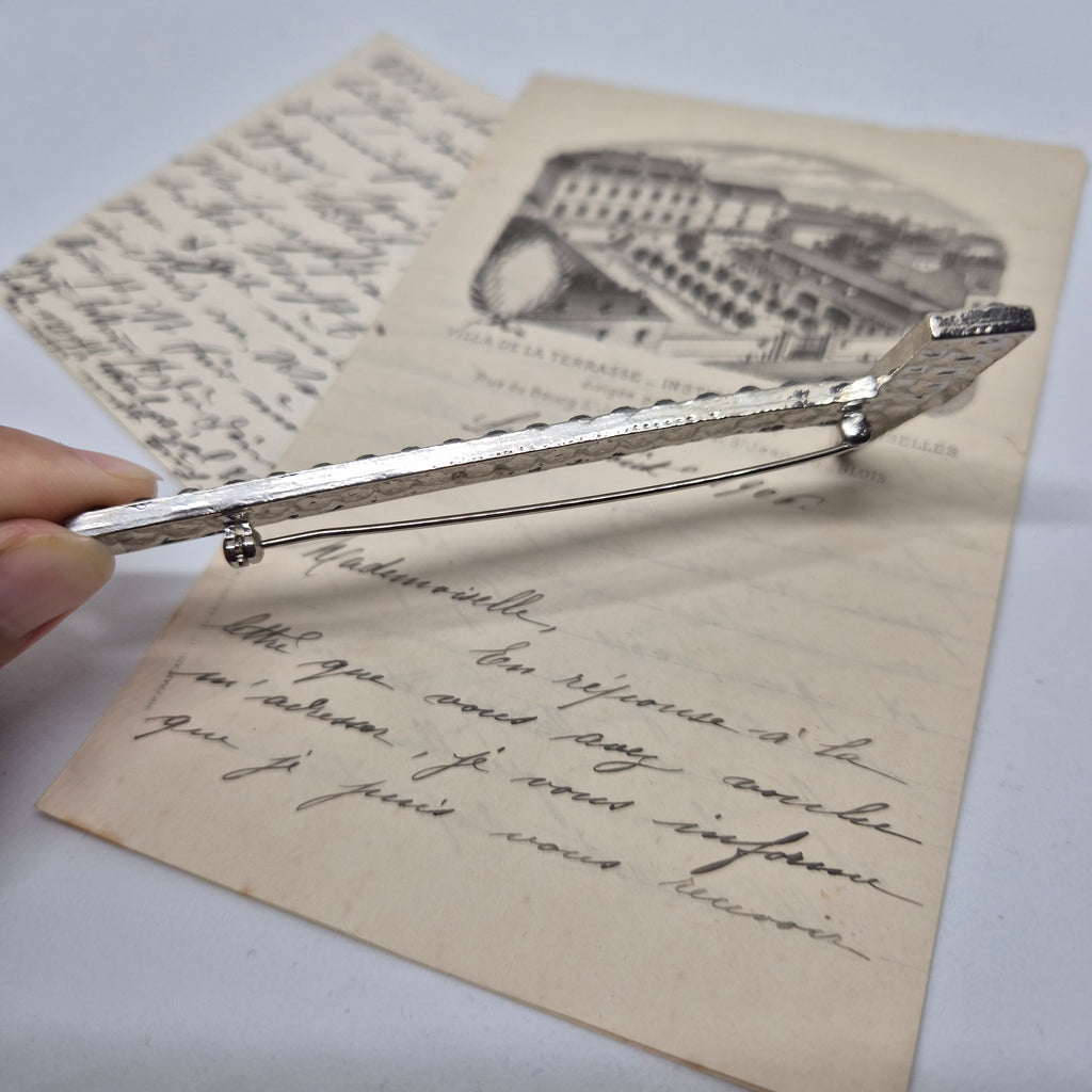50er Jahre große Antik Brosche Werkzeug Modeschmuck silber Strasssteine Hammer Handwerker