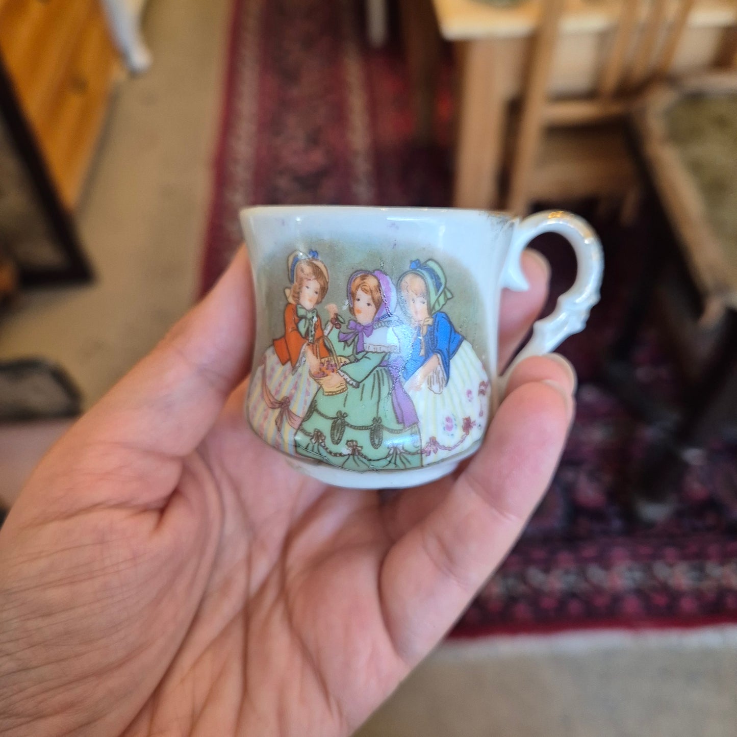 Antike 50er Jahre Tasse Kaffee Tee Porzellan Kindermotiv Handbemalt Schwester Geschenk