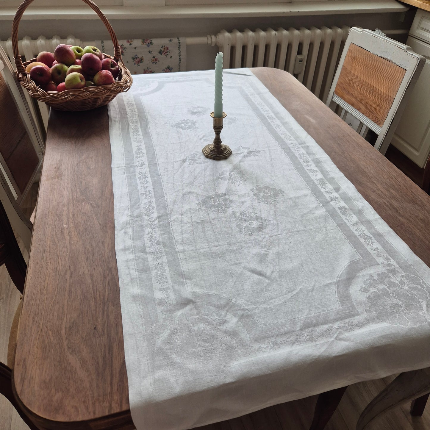 Antike Jugendstil Mitteldecke Tischdecke rechteckig Küchenhandtuch weiß Damast Baumwolle 54x125cm