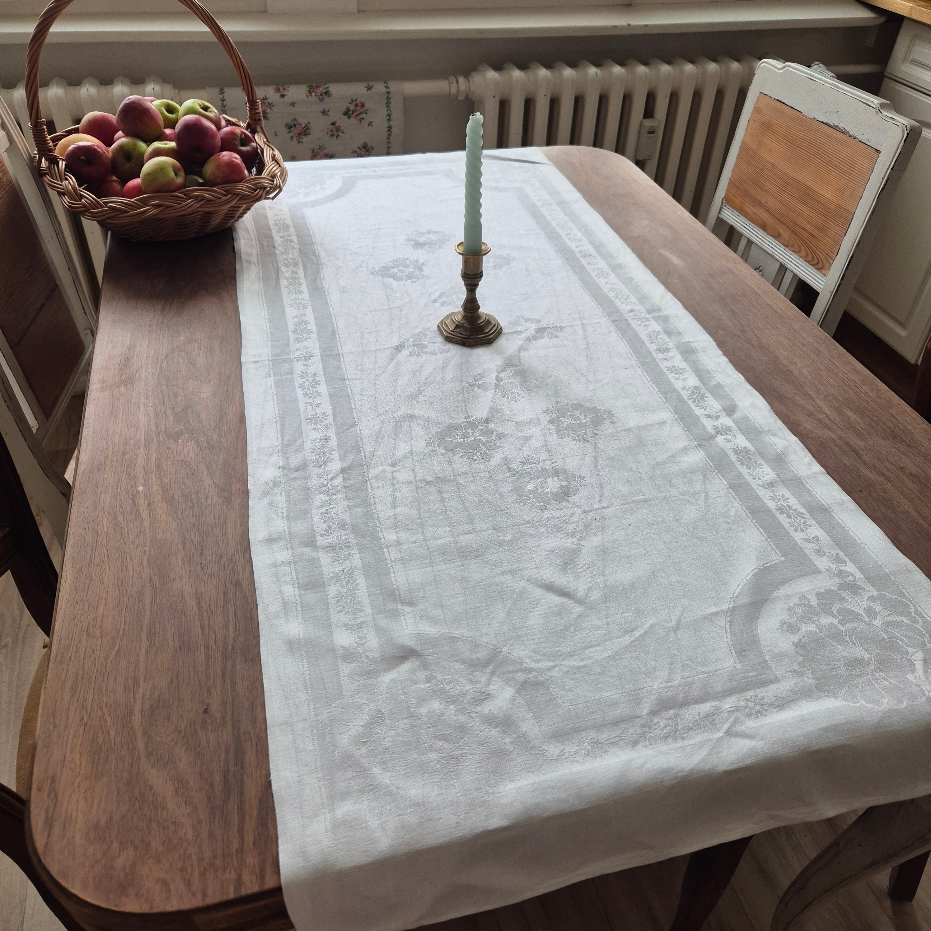 Antikes Jugendstil Küchen- & Geschirrhandtuch weiß Damast Baumwolle 54x125cm 🤍
