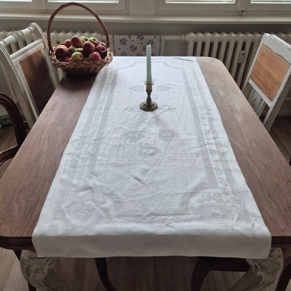 Antikes Jugendstil Küchen- & Geschirrhandtuch weiß Damast Baumwolle 54x125cm 🤍
