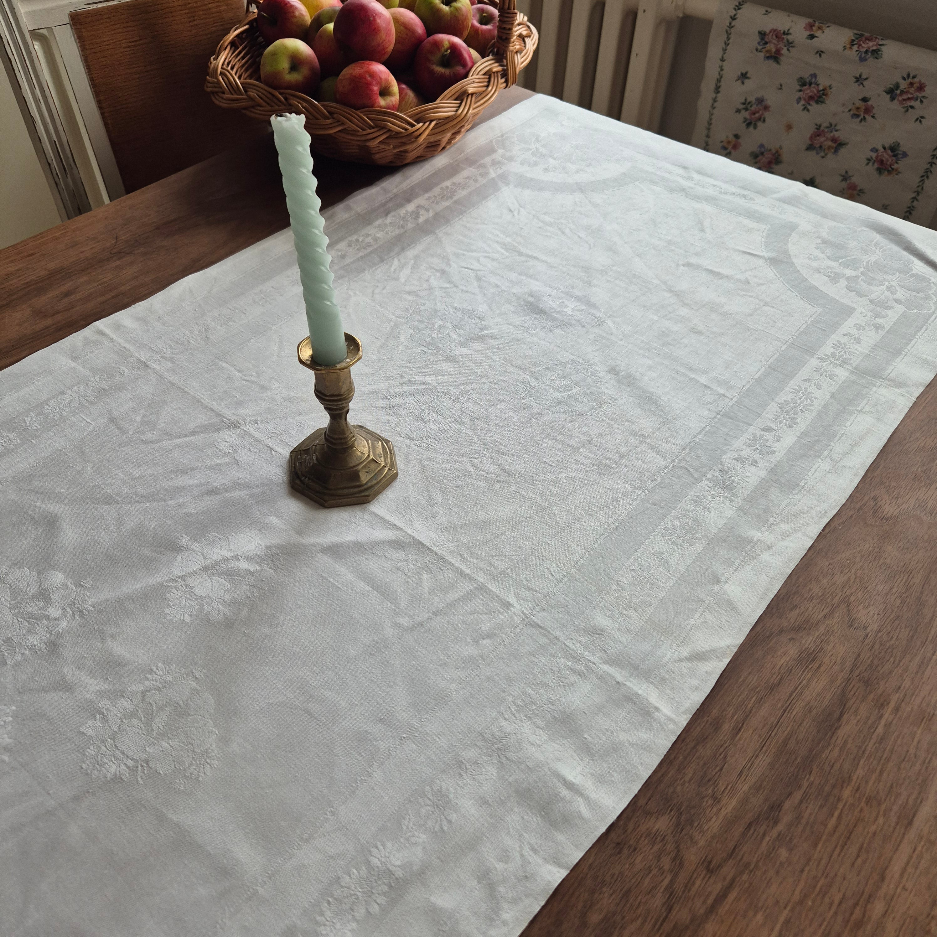 Antikes Jugendstil Küchen- & Geschirrhandtuch weiß Damast Baumwolle 54x125cm 🤍