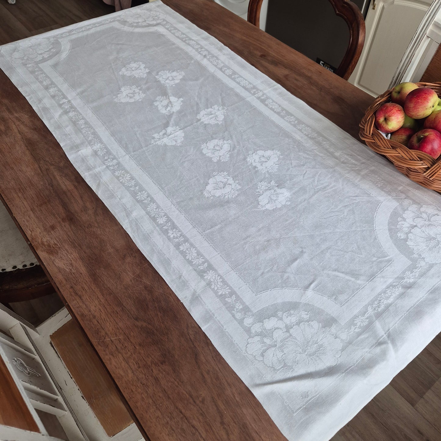 Antike Jugendstil Mitteldecke Tischdecke rechteckig Küchenhandtuch weiß Damast Baumwolle 54x125cm