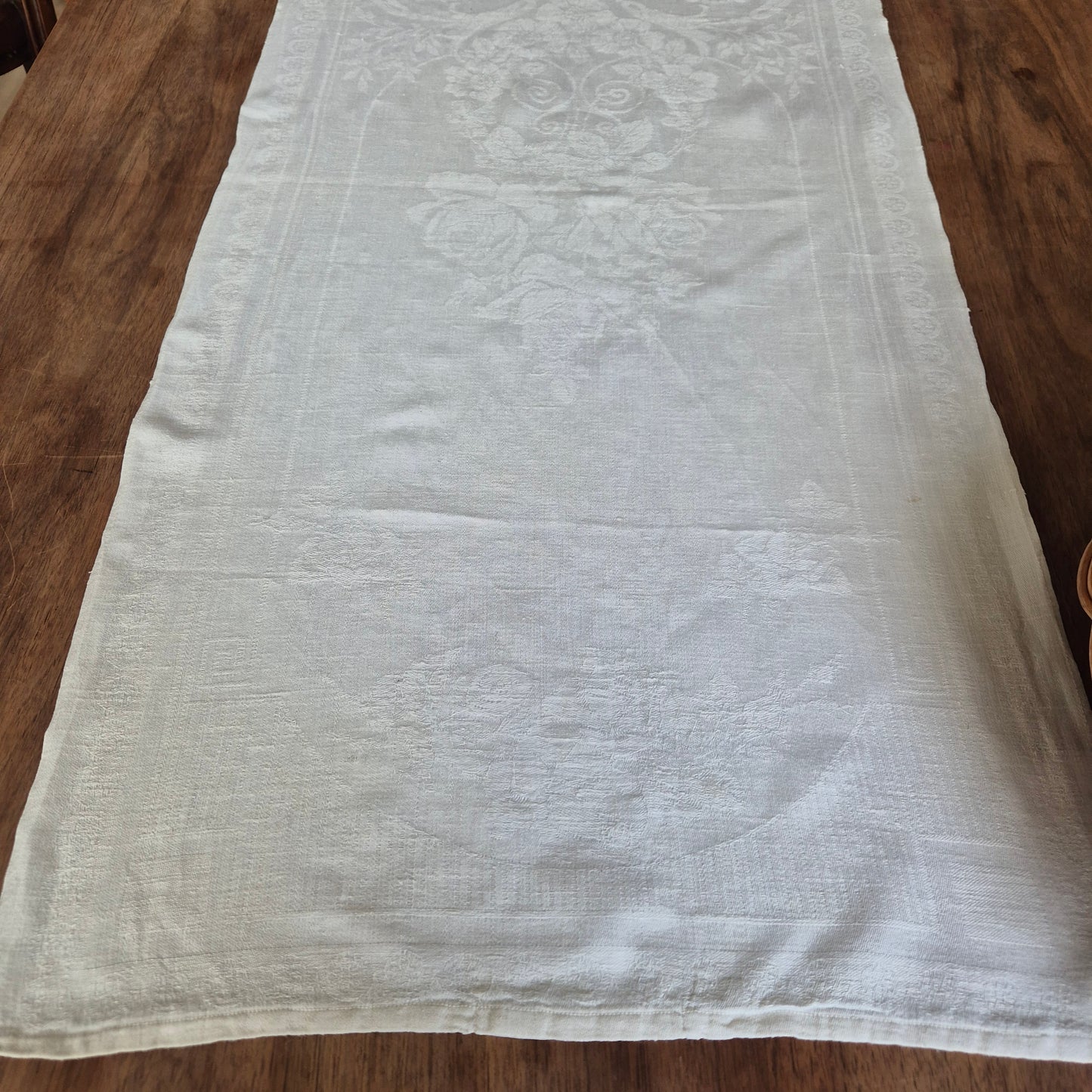 Antike Jugendstil Mitteldecke Tischdecke rechteckig Küchenhandtuch weiß Damast Baumwolle 48x107cm