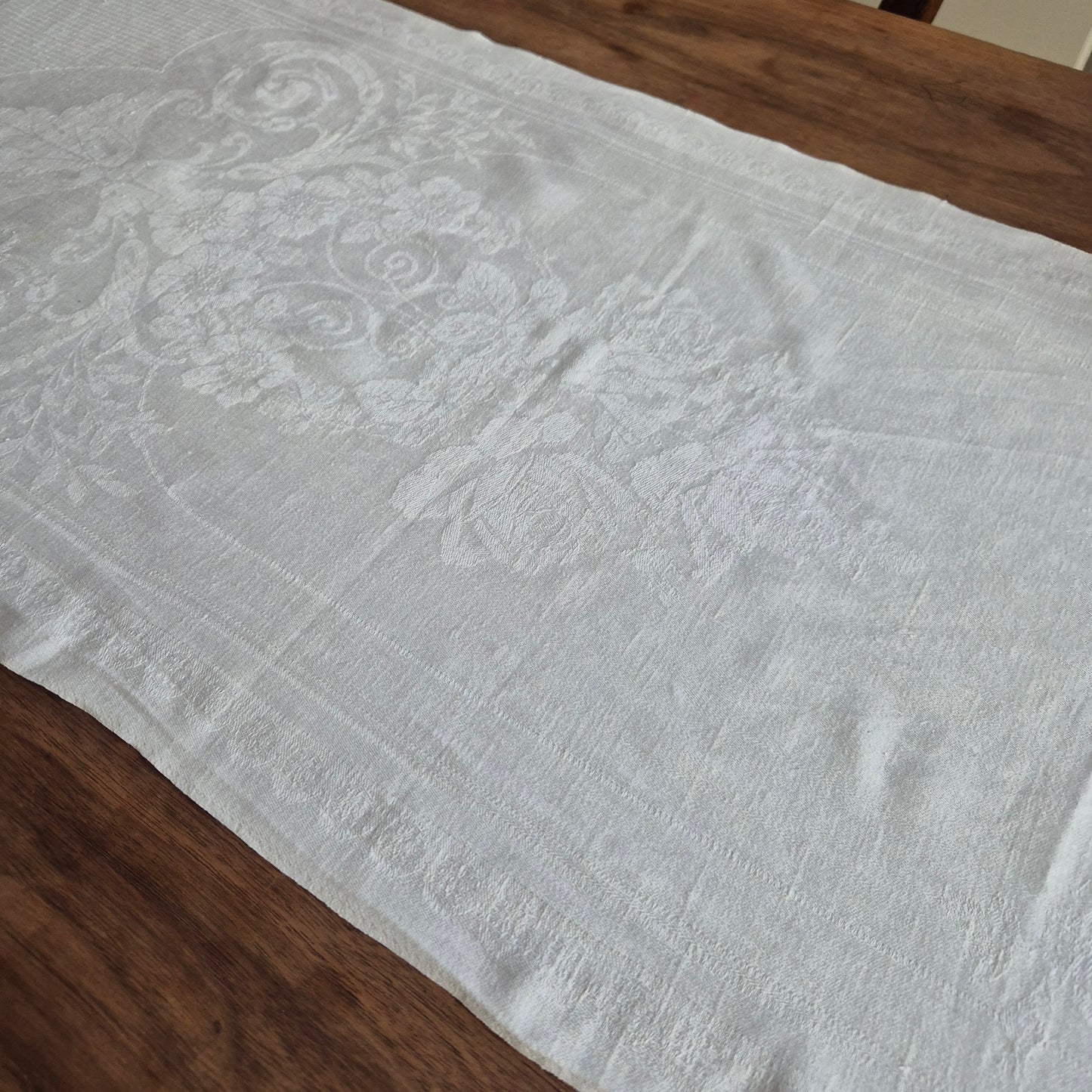 Antike Jugendstil Mitteldecke Tischdecke rechteckig Küchenhandtuch weiß Damast Baumwolle 48x107cm